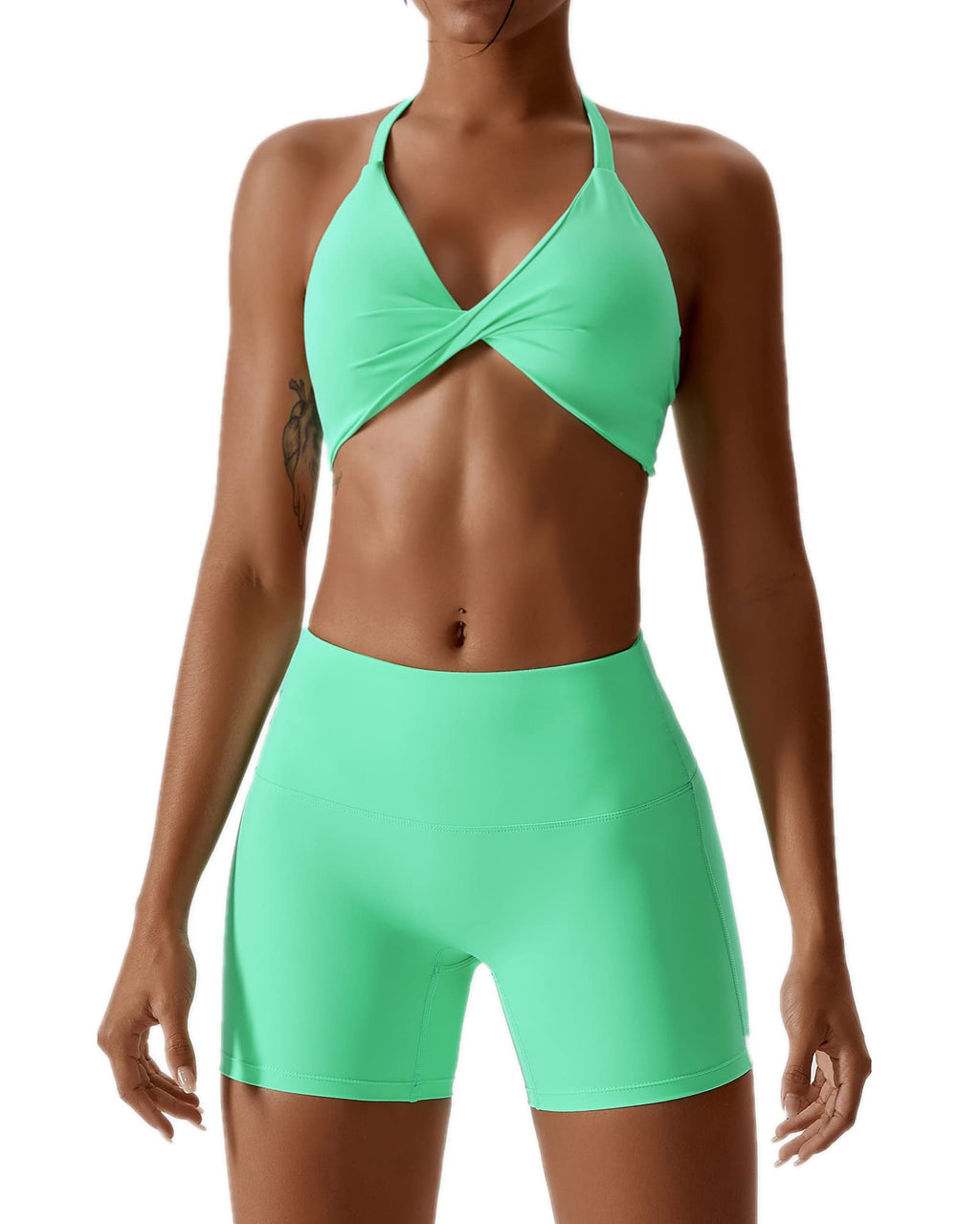 ABOCIW Workout Sets for Women 2 Piece Twist Front Halter Sports Bras High Waist Biker Shorts Exercise Gym Yoga Outfit