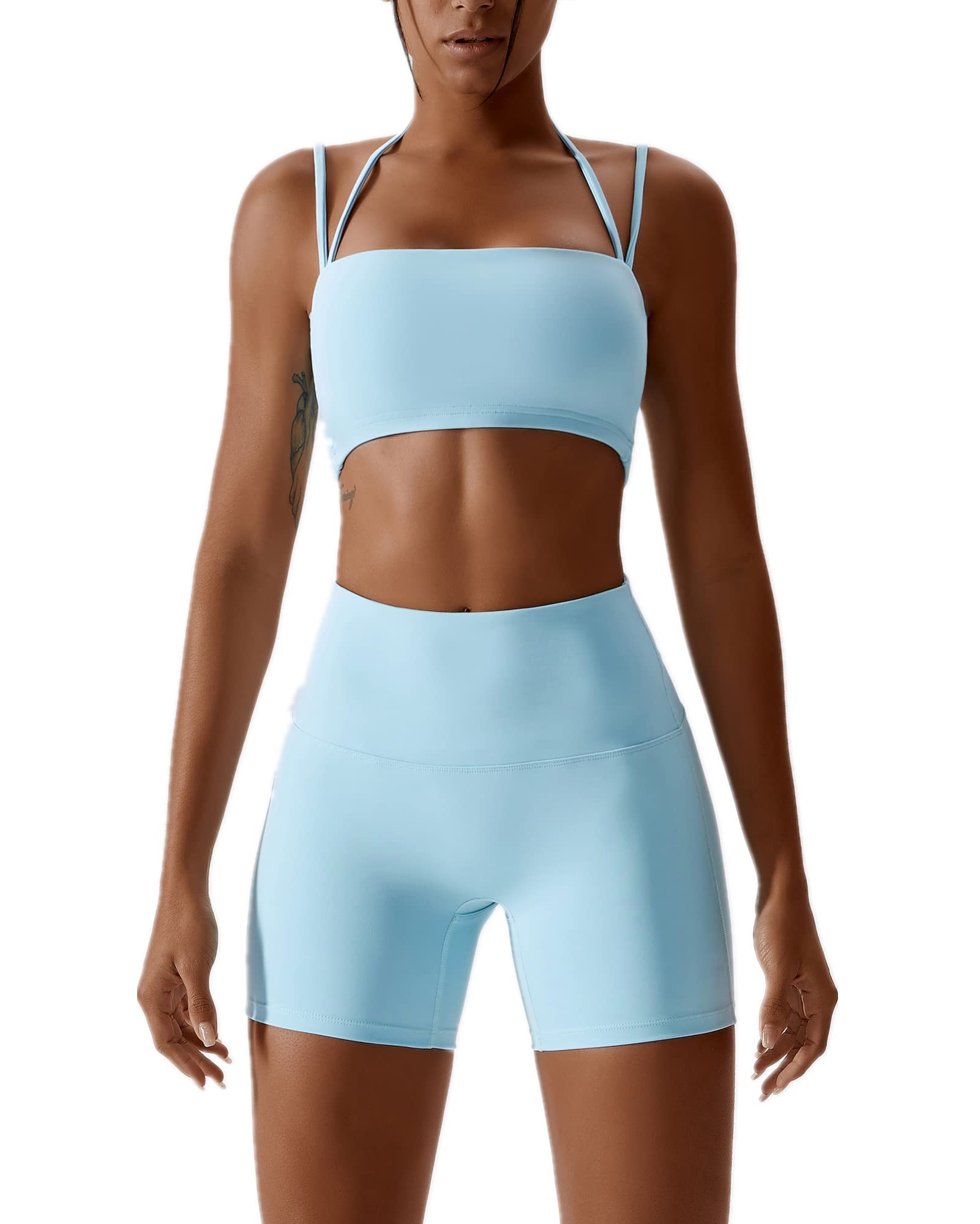 ABOCIW Workout Sets for Women 2 Piece Twist Front Halter Sports Bras High Waist Biker Shorts Exercise Gym Yoga Outfit