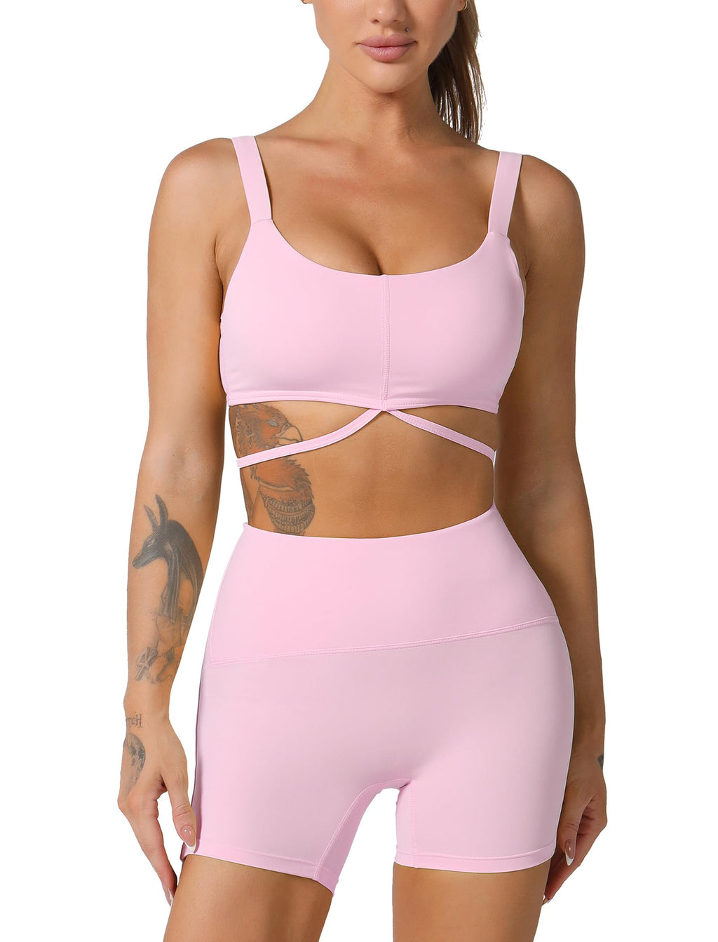 ABOCIW Workout Sets for Women 2 Piece Twist Front Halter Sports Bras High Waist Biker Shorts Exercise Gym Yoga Outfit