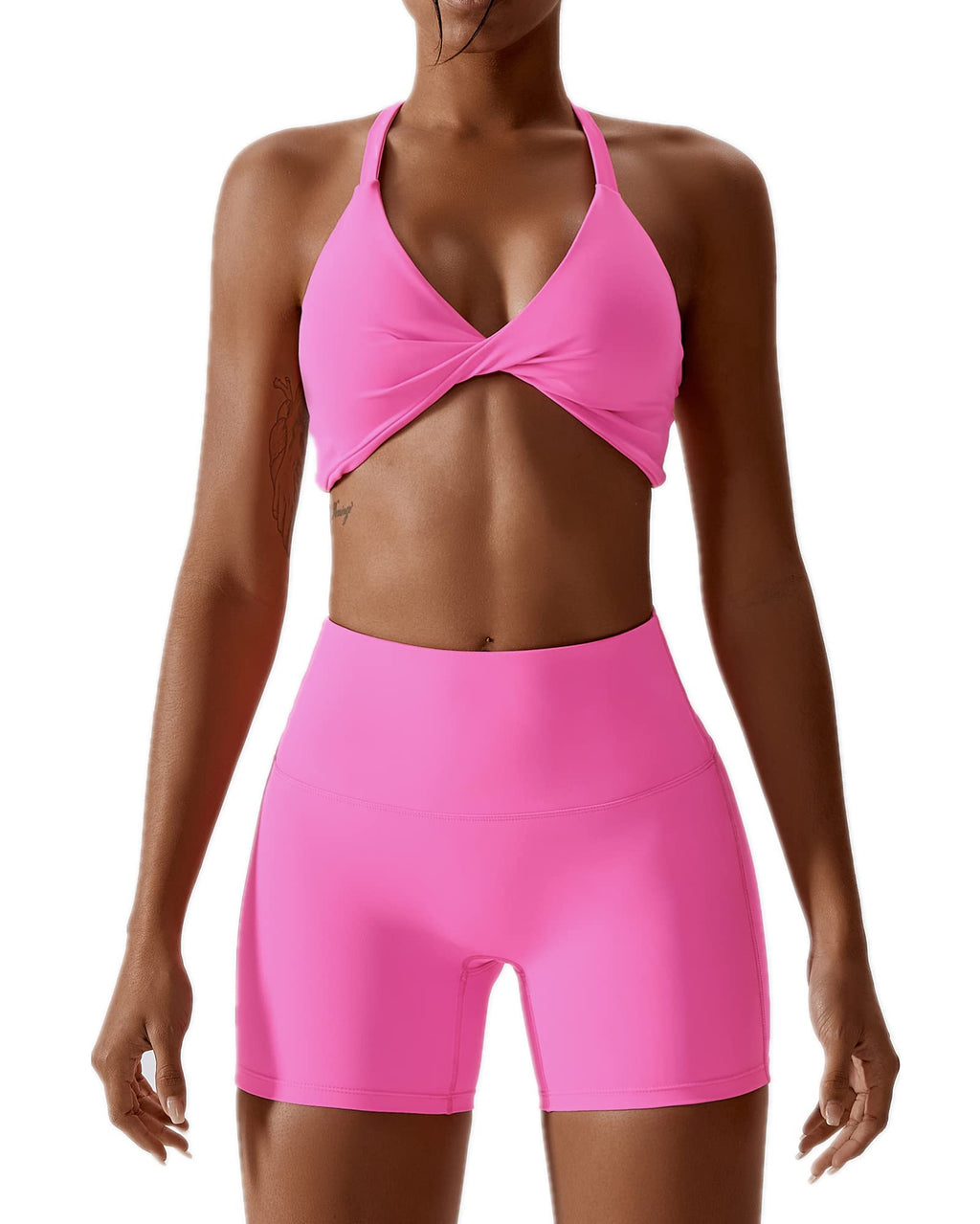 ABOCIW Workout Sets for Women 2 Piece Twist Front Halter Sports Bras High Waist Biker Shorts Exercise Gym Yoga Outfit