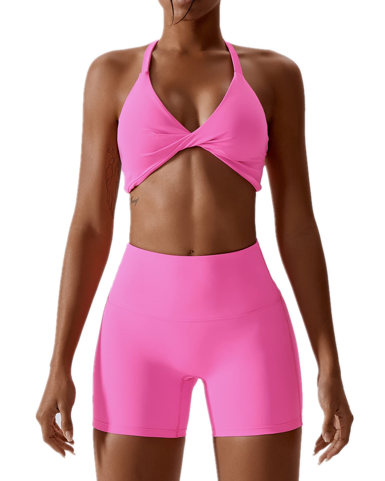 ABOCIW Workout Sets for Women 2 Piece Twist Front Halter Sports Bras High Waist Biker Shorts Exercise Gym Yoga Outfit