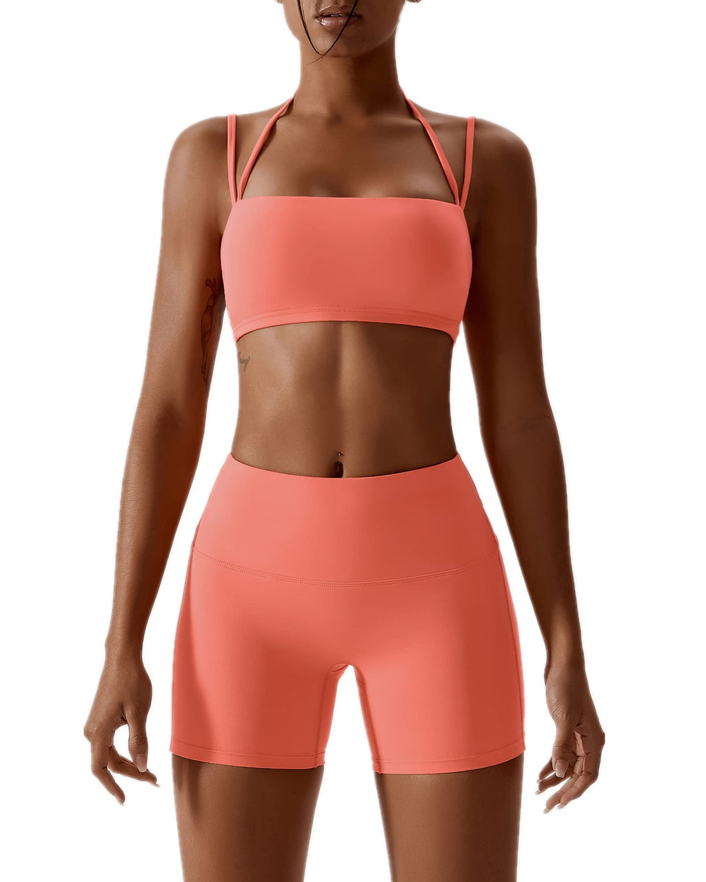 ABOCIW Workout Sets for Women 2 Piece Twist Front Halter Sports Bras High Waist Biker Shorts Exercise Gym Yoga Outfit