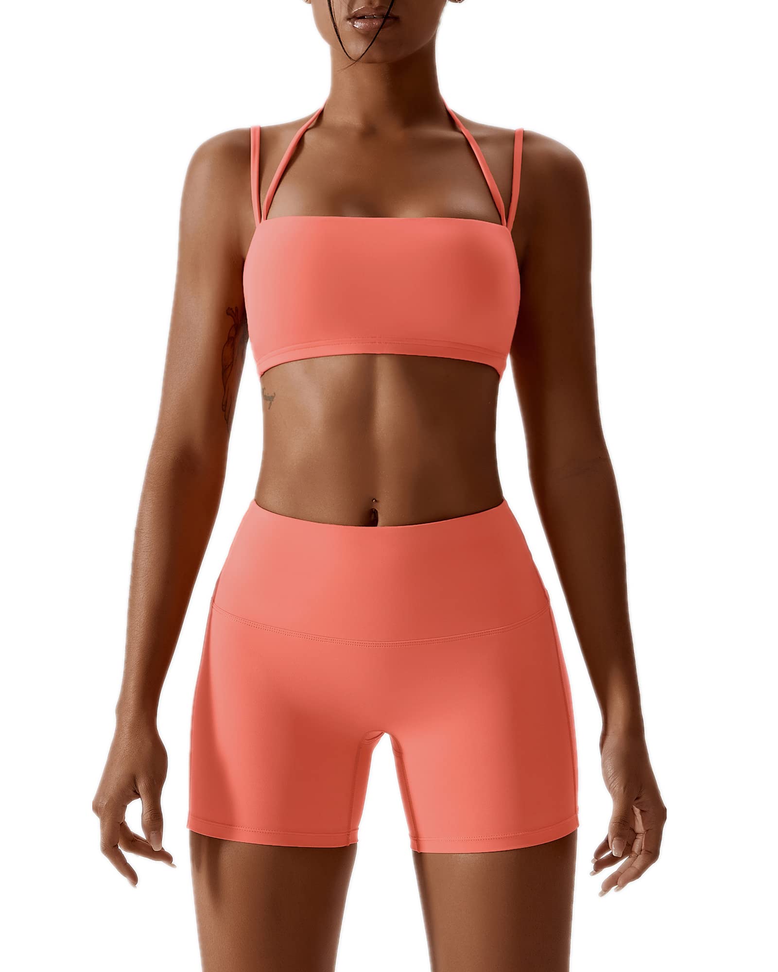ABOCIW Workout Sets for Women 2 Piece Twist Front Halter Sports Bras High Waist Biker Shorts Exercise Gym Yoga Outfit