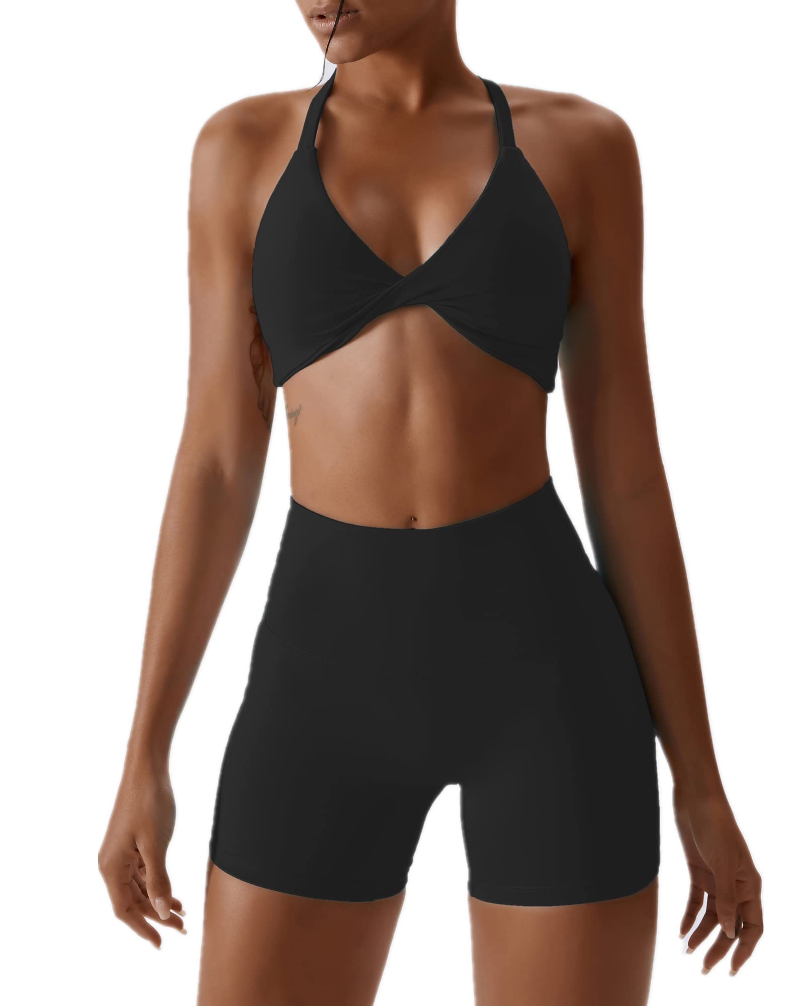 ABOCIW Workout Sets for Women 2 Piece Twist Front Halter Sports Bras High Waist Biker Shorts Exercise Gym Yoga Outfit