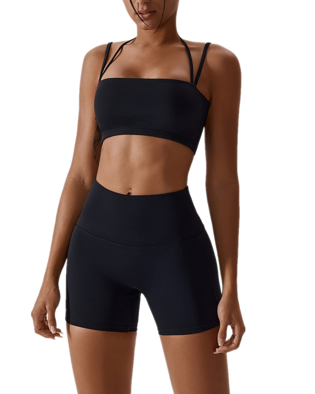 ABOCIW Workout Sets for Women 2 Piece Twist Front Halter Sports Bras High Waist Biker Shorts Exercise Gym Yoga Outfit