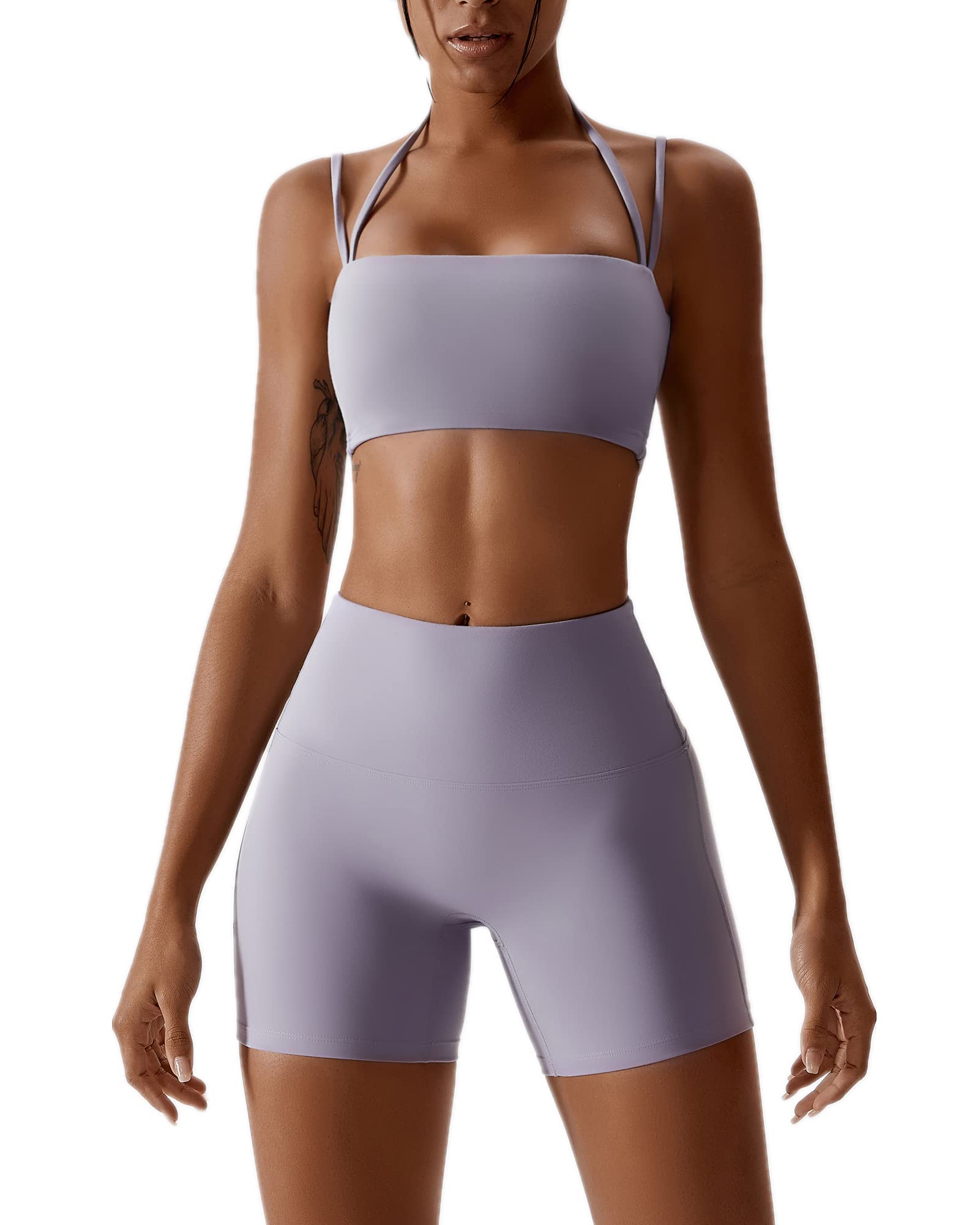 ABOCIW Workout Sets for Women 2 Piece Twist Front Halter Sports Bras High Waist Biker Shorts Exercise Gym Yoga Outfit