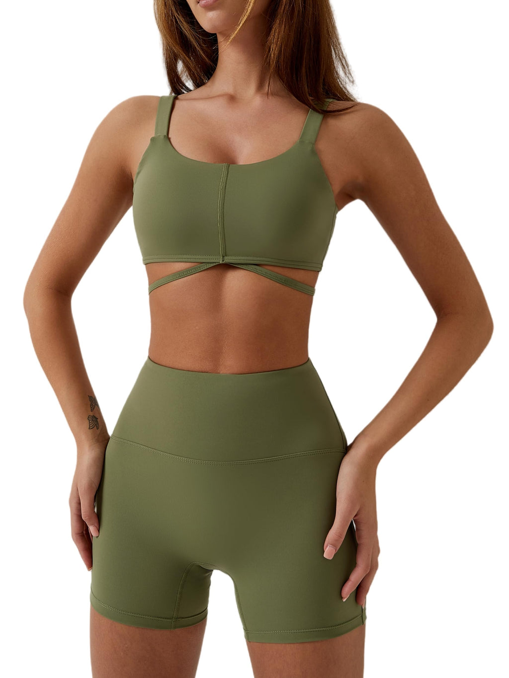 ABOCIW Workout Sets for Women 2 Piece Twist Front Halter Sports Bras High Waist Biker Shorts Exercise Gym Yoga Outfit