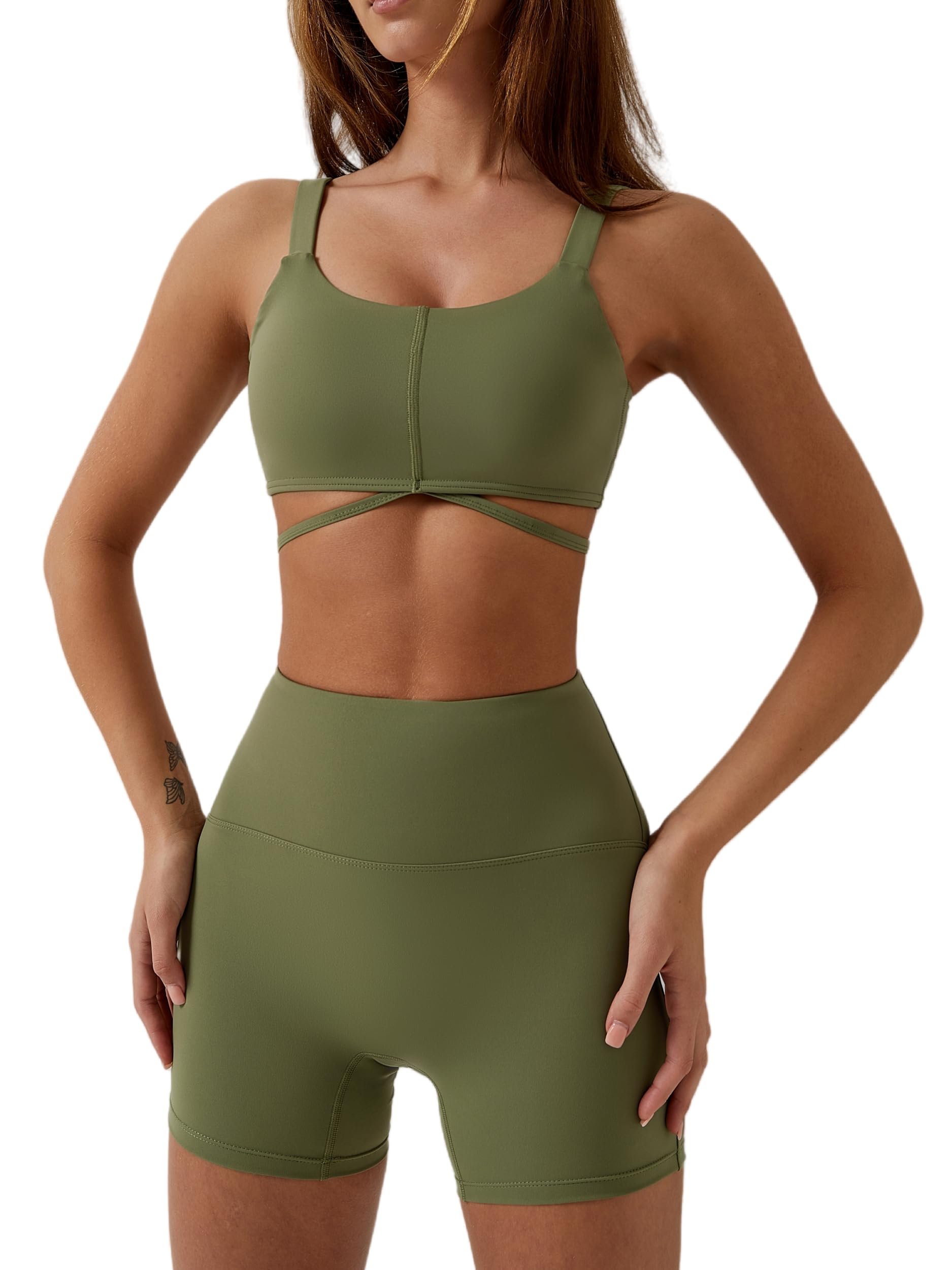 ABOCIW Workout Sets for Women 2 Piece Twist Front Halter Sports Bras High Waist Biker Shorts Exercise Gym Yoga Outfit