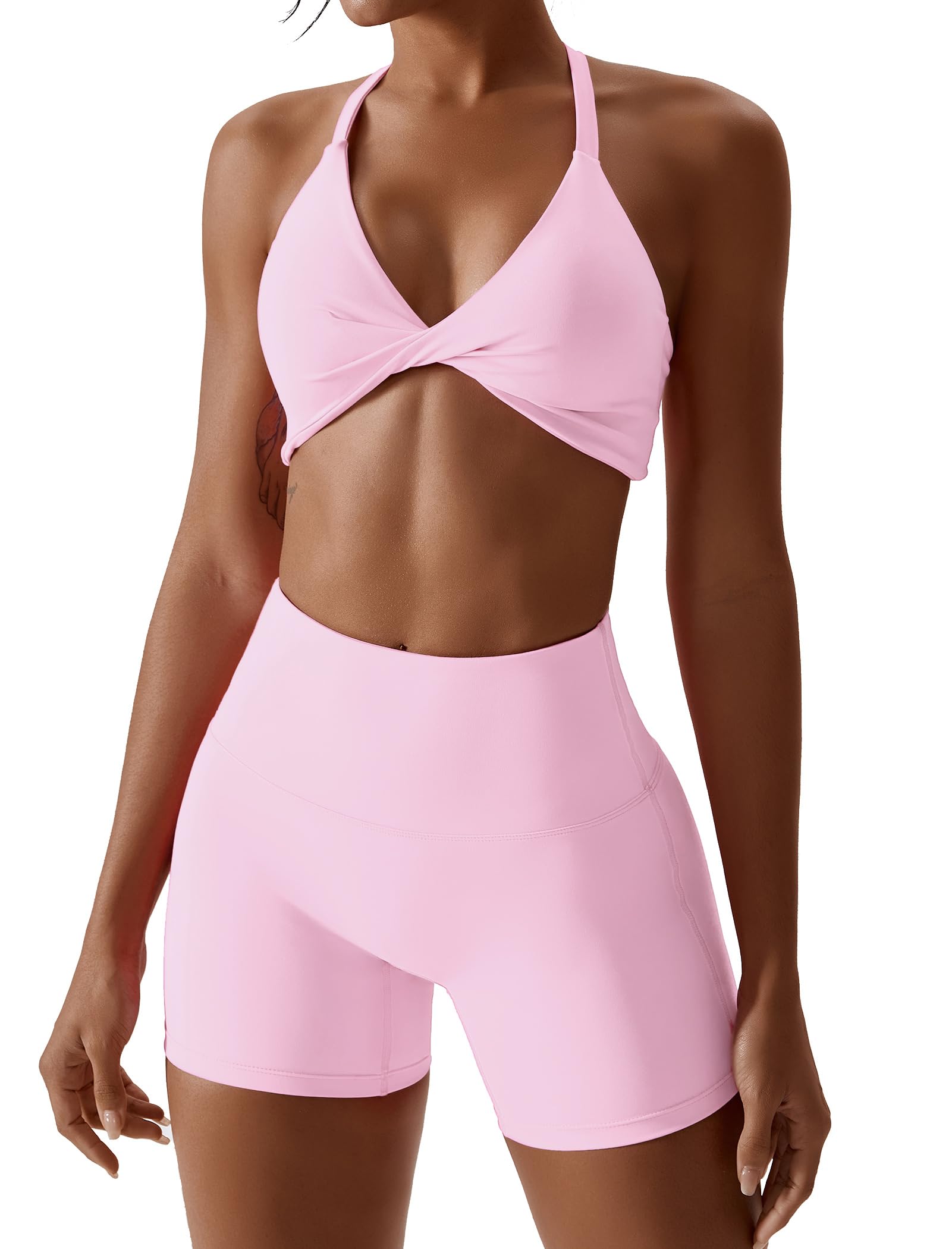 ABOCIW Workout Sets for Women 2 Piece Twist Front Halter Sports Bras High Waist Biker Shorts Exercise Gym Yoga Outfit