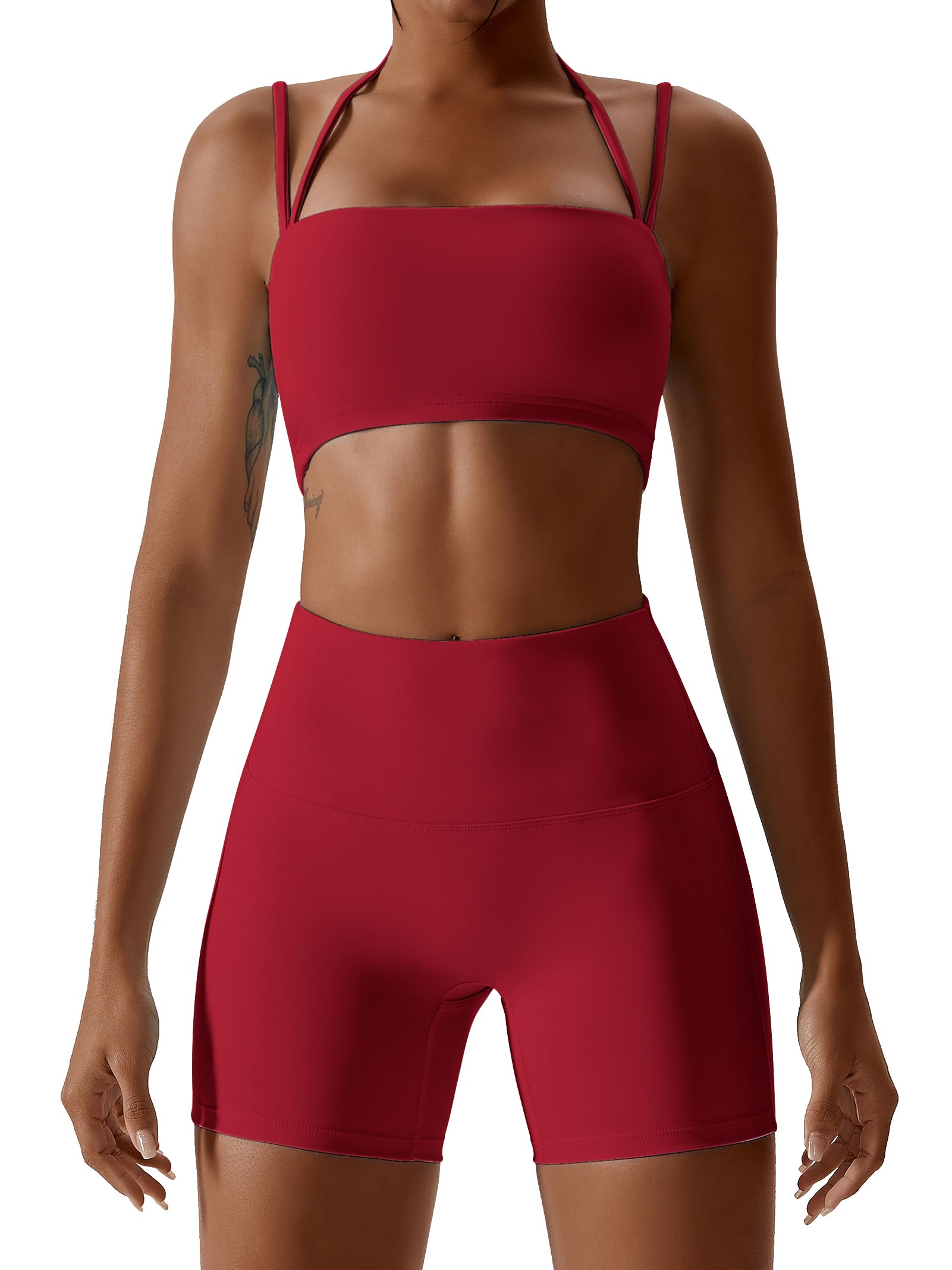 ABOCIW Workout Sets for Women 2 Piece Twist Front Halter Sports Bras High Waist Biker Shorts Exercise Gym Yoga Outfit