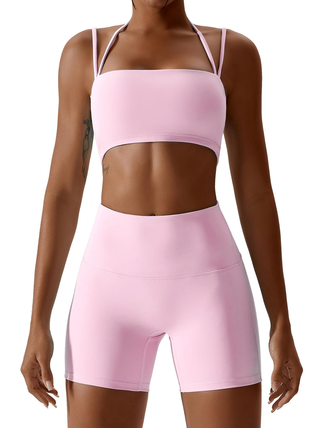 ABOCIW Workout Sets for Women 2 Piece Twist Front Halter Sports Bras High Waist Biker Shorts Exercise Gym Yoga Outfit