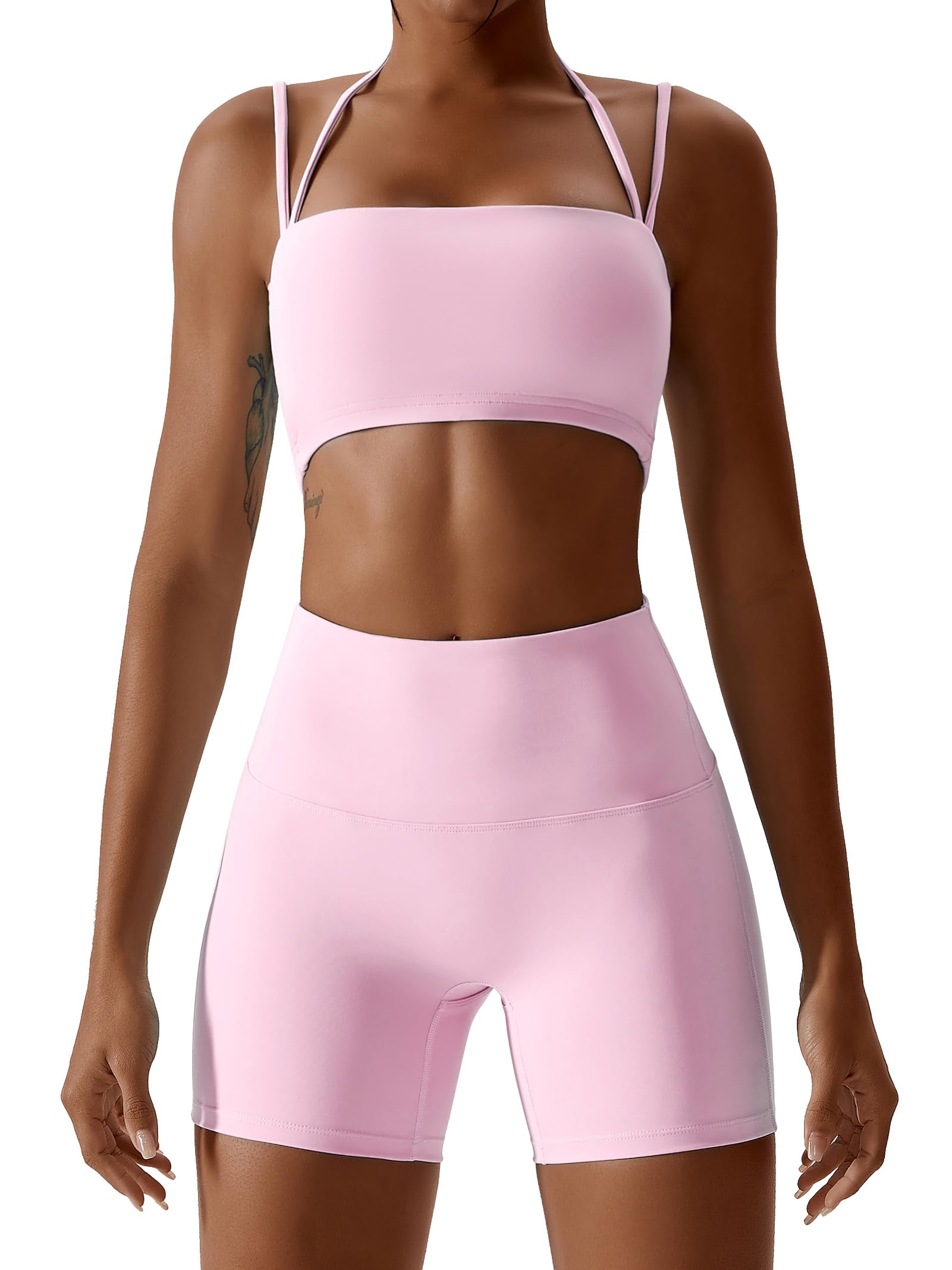 ABOCIW Workout Sets for Women 2 Piece Twist Front Halter Sports Bras High Waist Biker Shorts Exercise Gym Yoga Outfit