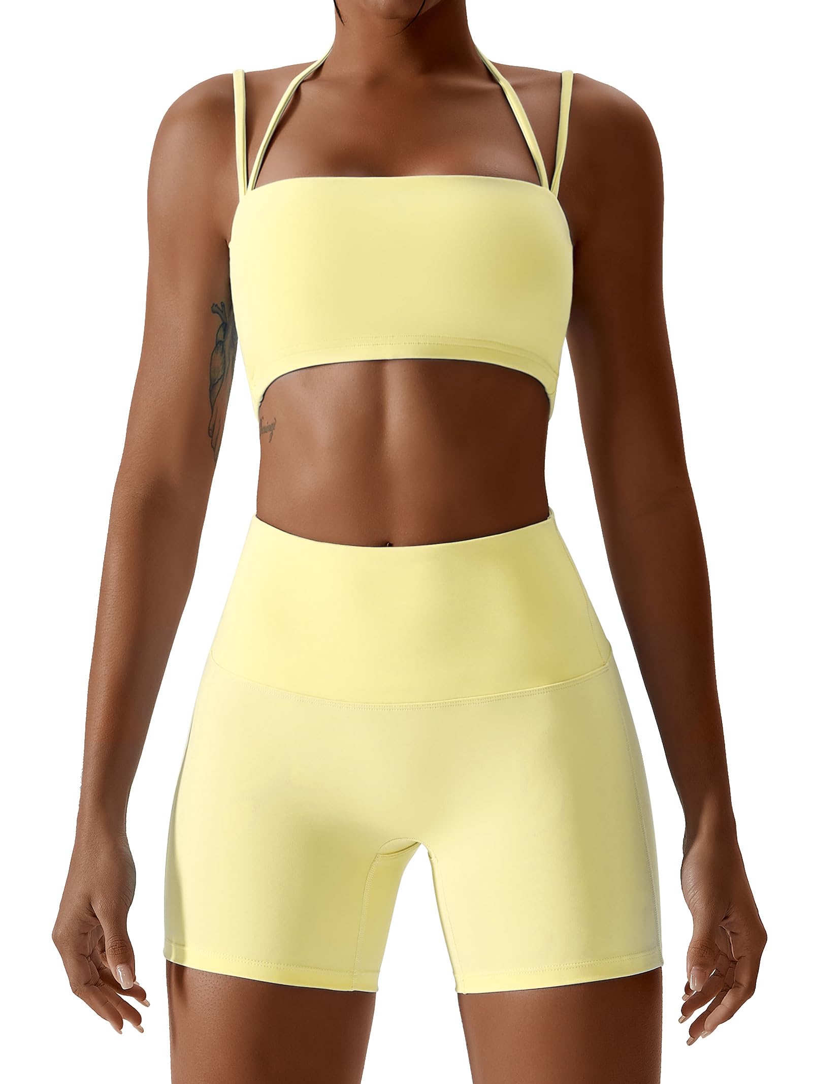 ABOCIW Workout Sets for Women 2 Piece Twist Front Halter Sports Bras High Waist Biker Shorts Exercise Gym Yoga Outfit