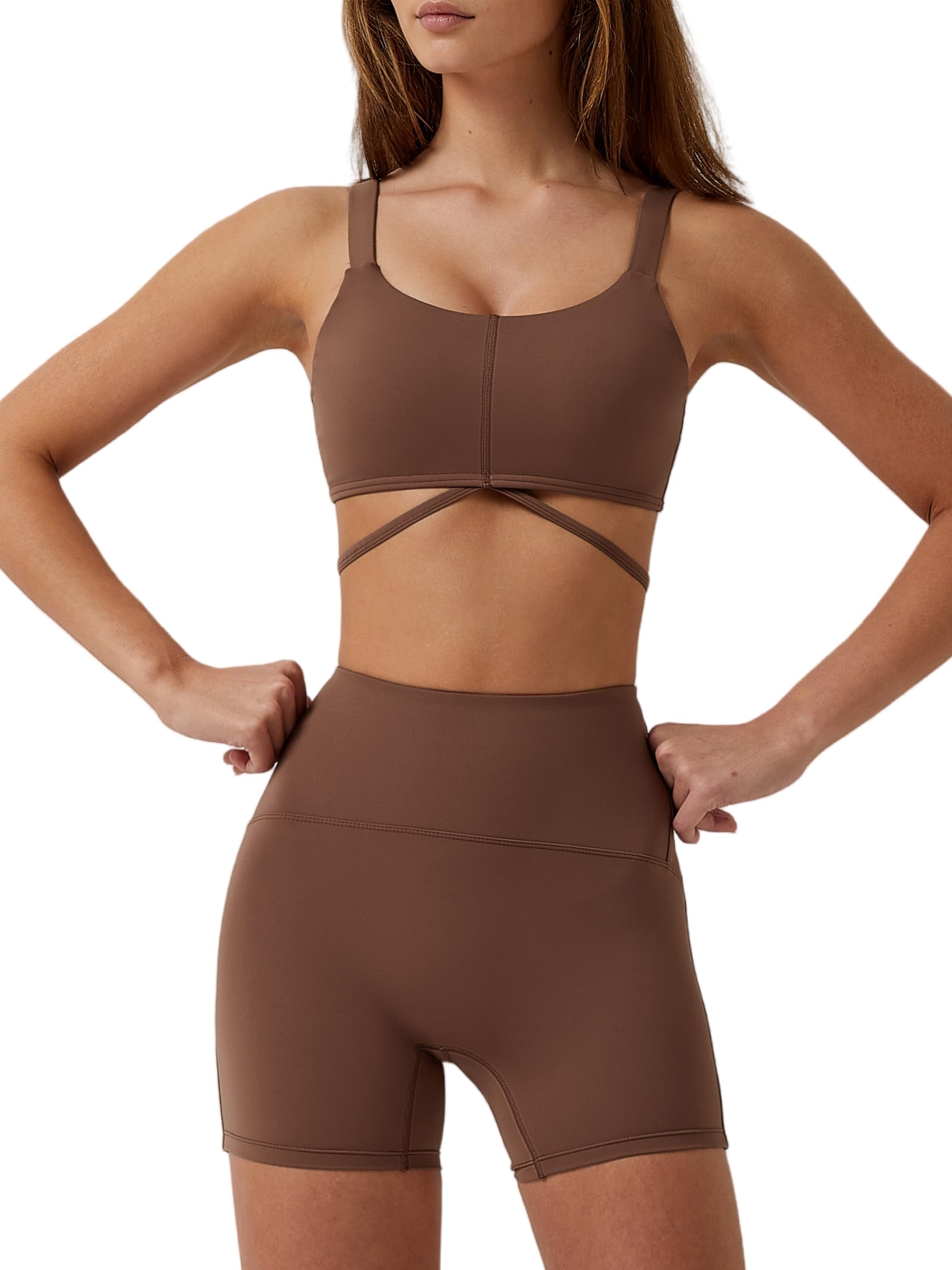 ABOCIW Workout Sets for Women 2 Piece Twist Front Halter Sports Bras High Waist Biker Shorts Exercise Gym Yoga Outfit