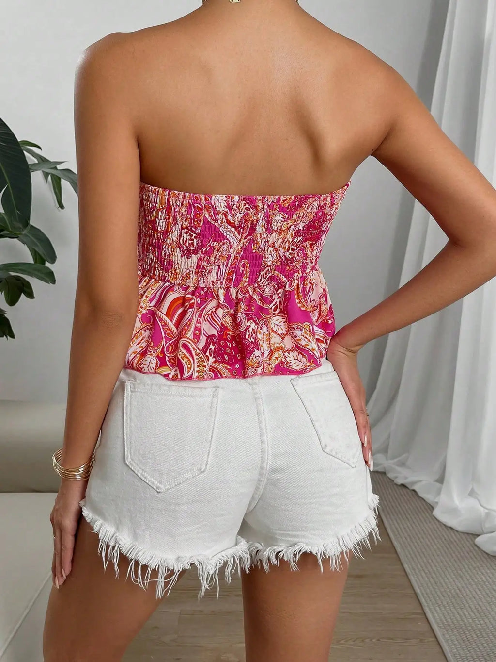 Cross border hot selling for European American women full width printed irregular hem sexy strapless collection summer top